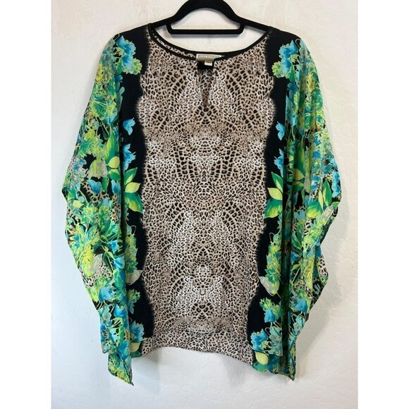 Dana Buchman XL Poncho Blouse Animal Print Meets Blue Green Black Floral Print C - Picture 1 of 6